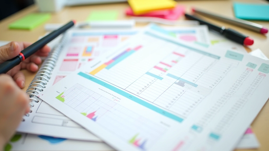 Diagramme de budget sur papier avec différentes catégories de dépenses, crayons colorés et notes adhésives de planification