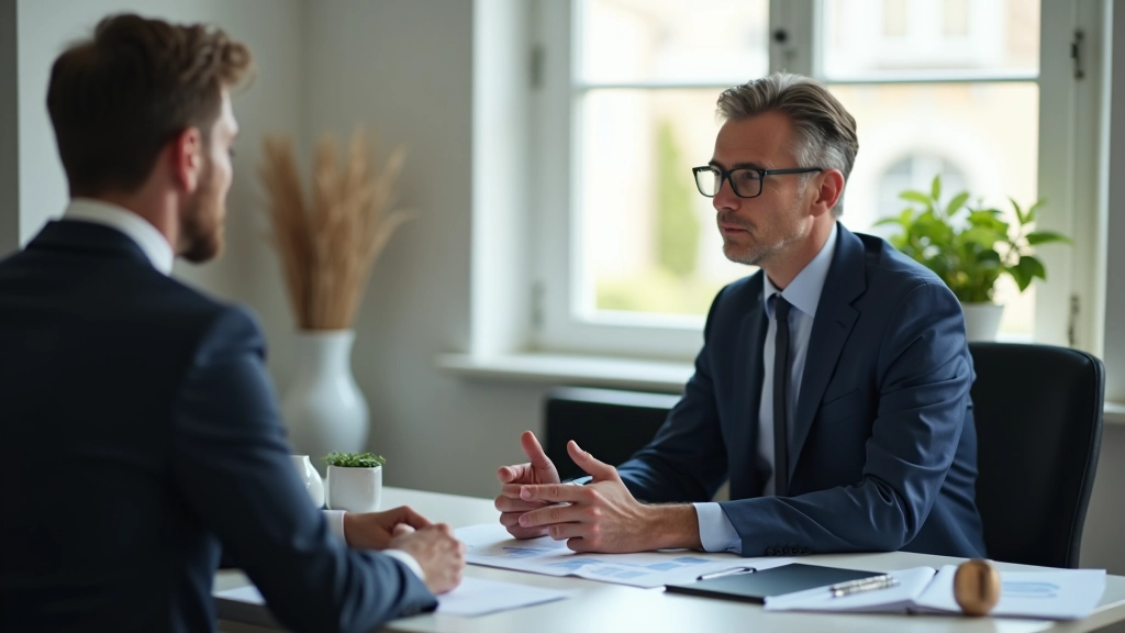 Consultant financier travaillant à son bureau avec documents et ordinateur, environnement professionnel
