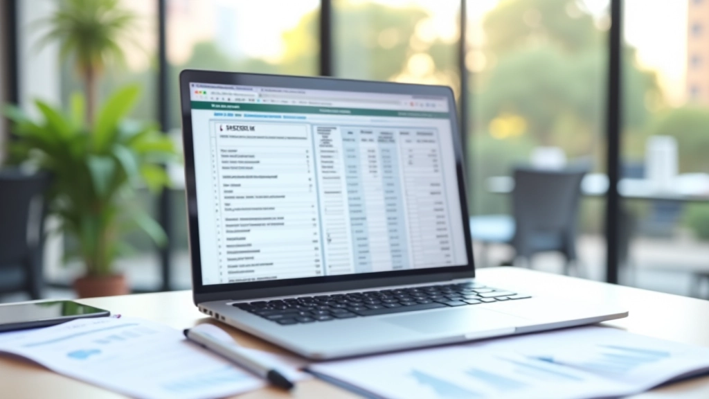 Ordinateur portable affichant un tableur de suivi budgétaire avec des graphiques et des données financières, sur un bureau avec des notes