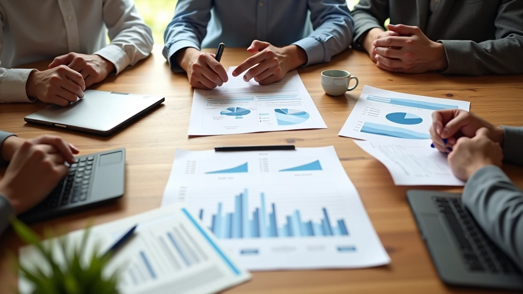 Réunion d'équipe financière autour d'une table avec documents et ordinateur portable