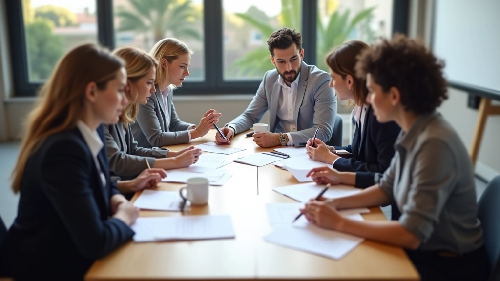 Équipe de professionnels réunis autour d'une table de réunion examinant des documents et des notes de planification d'implémentation