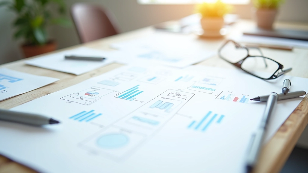 Tableau blanc avec schémas de processus et diagrammes de flux financiers, crayon et marqueurs à proximité
