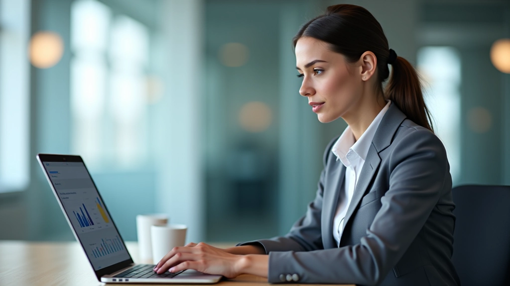 Personne travaillant sur un ordinateur portable affichant des graphiques financiers dans un environnement de bureau moderne