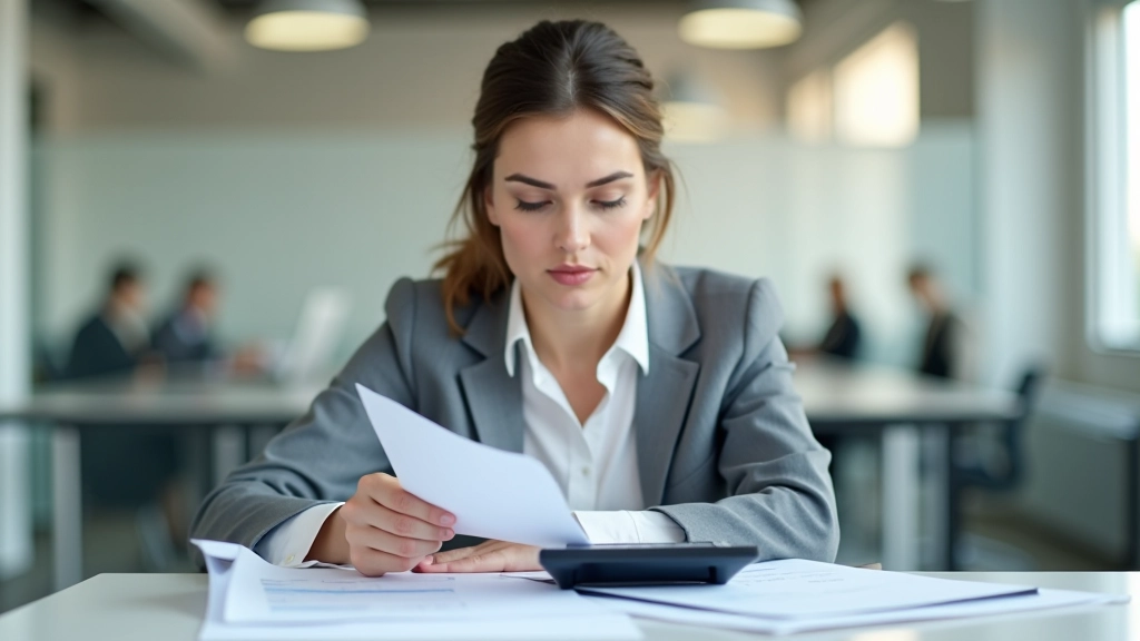 Femme d'affaires examinant des relevés bancaires et des documents financiers sur son bureau avec un stylo et une calculatrice